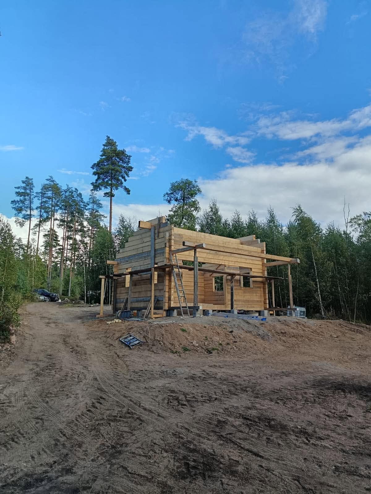 Hirsikehikko rakenteilla metsäisellä tontilla auringonpaisteessa.